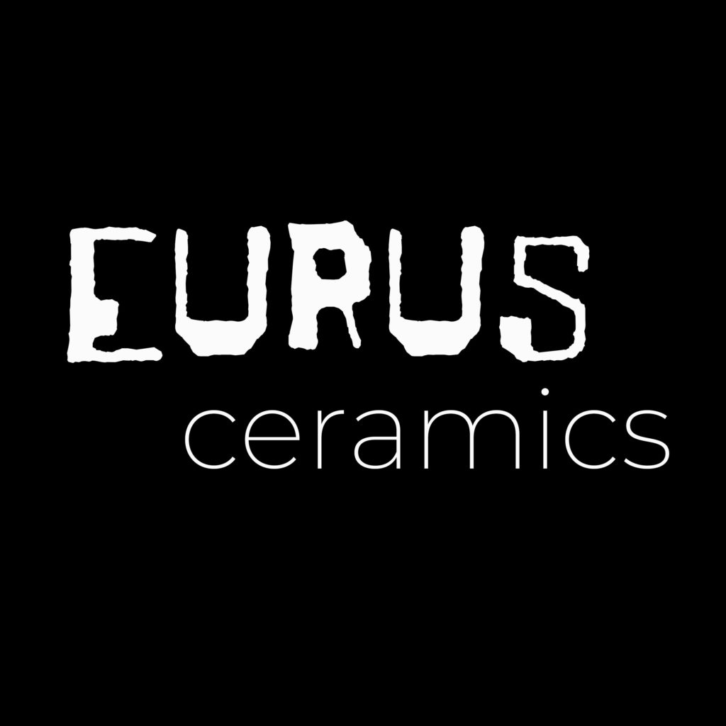 EURUS ceramics logo in white on black background graphic. EURUS ceramics is art from artist Megan Flynn Hopkins of Richmond, Virginia.